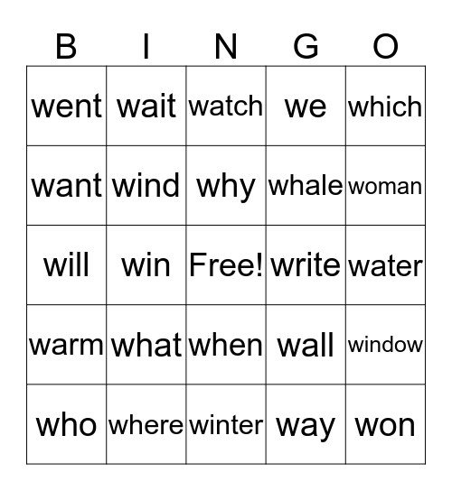 W Words Bingo Card