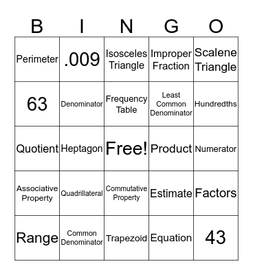 5th Grade Math Vocabulary Bingo Card