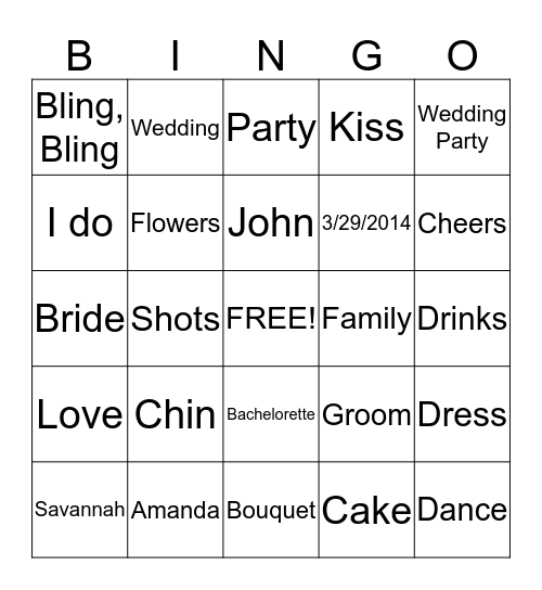 Amanda's Bachelorette Party Bingo Card