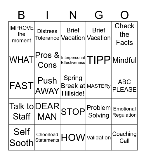 Hillside DBT Skills Bingo Card