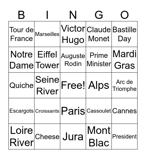 French Bingo Card