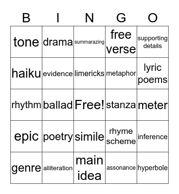 Features of Literature Bingo Card