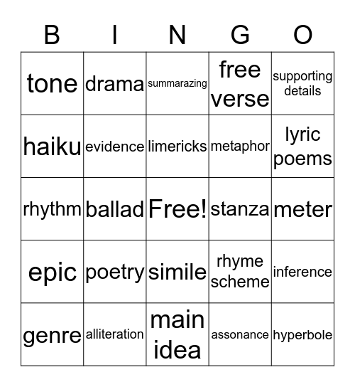 Features of Literature Bingo Card