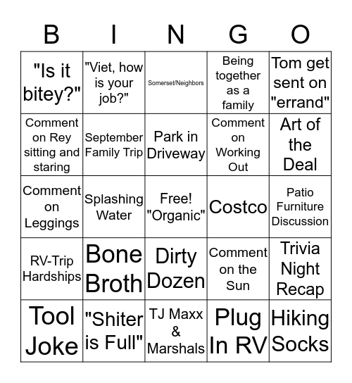 InLaw Bingo Card