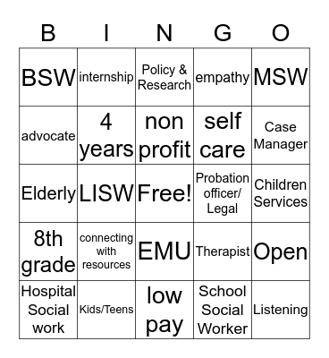 SOCIAL WORKER BINGO Card