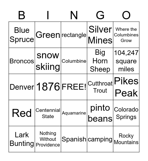 Colorado Bingo Card