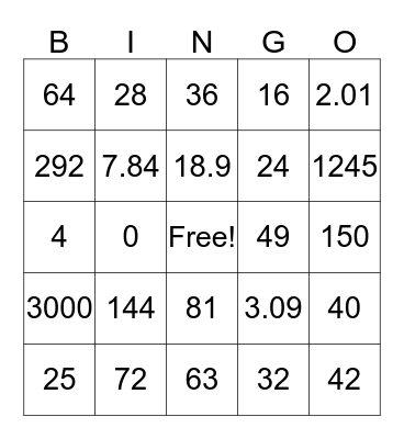 Multiplication Bingo Card