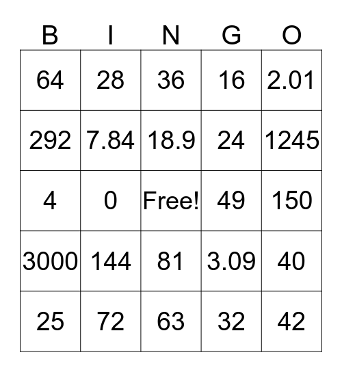 Multiplication Bingo Card