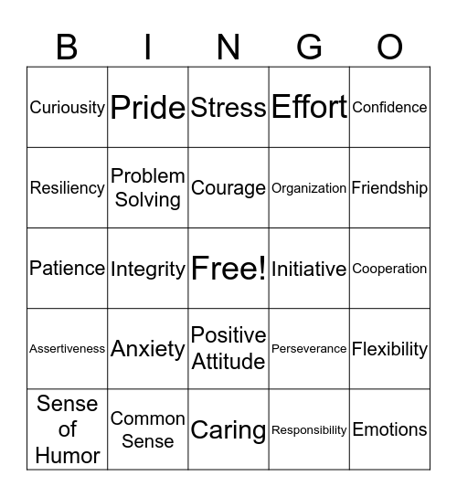 Life skills Bingo Card