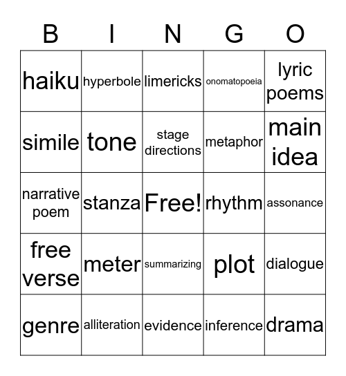 Features of Literature Bingo Card