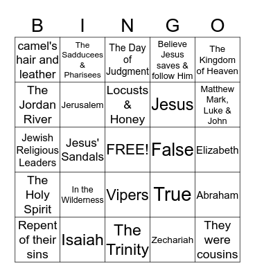 John the Baptist Prepares the Way for Jesus Bingo Card