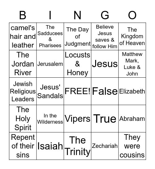 John the Baptist Prepares the Way for Jesus Bingo Card