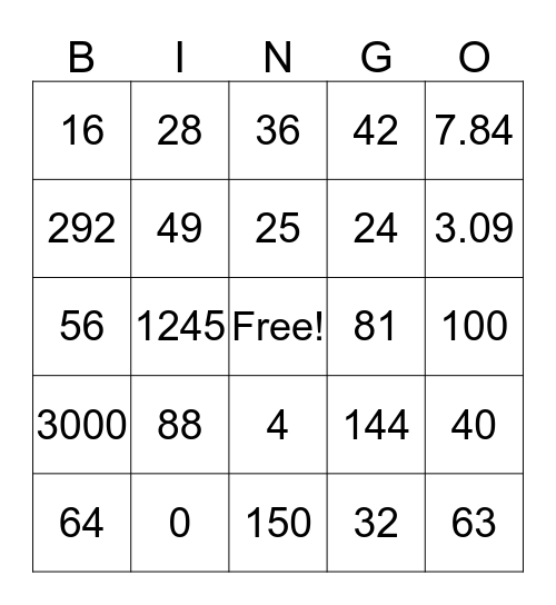 Multiplication Bingo Card