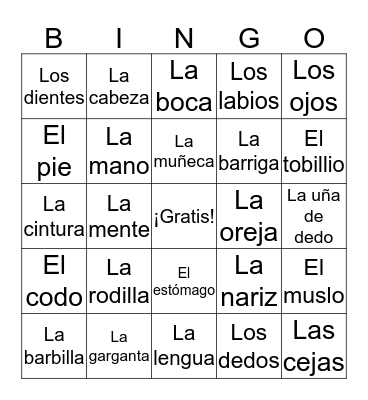 Partes del cuerpo Bingo Card