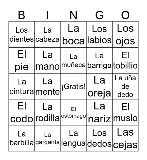 Partes del cuerpo Bingo Card