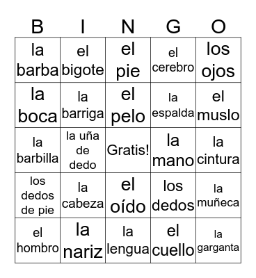 las partes del cuerpo Bingo Card