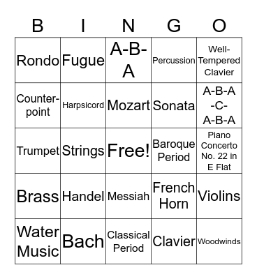 Orchestra Bingo Card