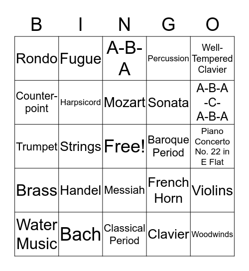 Orchestra Bingo Card