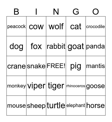 Animals Bingo Card