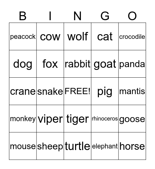 Animals Bingo Card