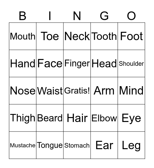 Body Parts Bingo Card