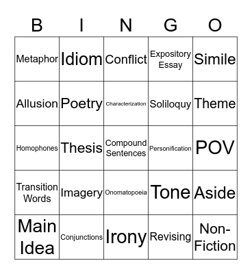 English I Terms, Part I Bingo Card