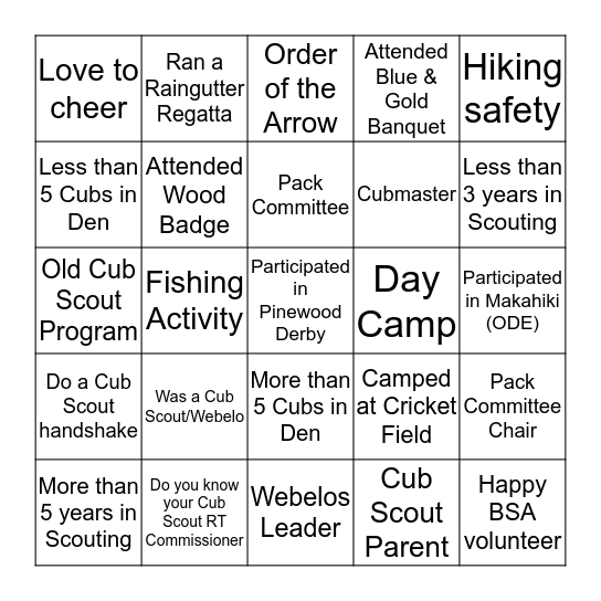 Got Cub Scout Volunteer Skills? Bingo Card