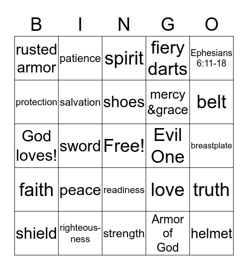 Armor of God Bingo Card