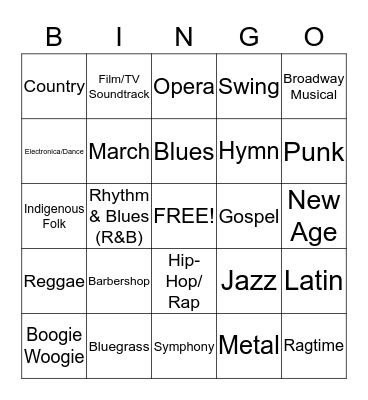 Music Genre Bingo Card