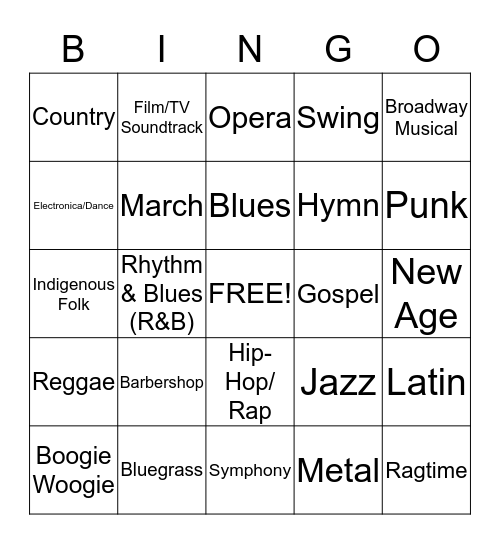 Music Genre Bingo Card