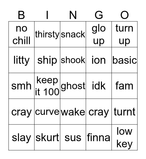 Slang Bingo Card