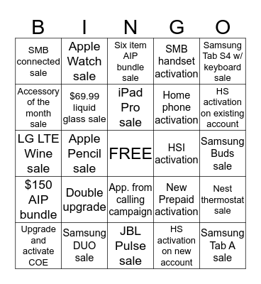US Cellular BINGO Card