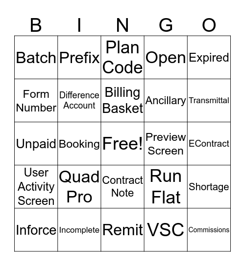 Data Entry Bingo Card