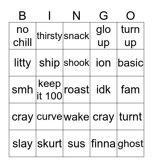 Slang Words Bingo Card