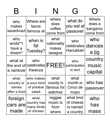 cultural diverisity Bingo Card