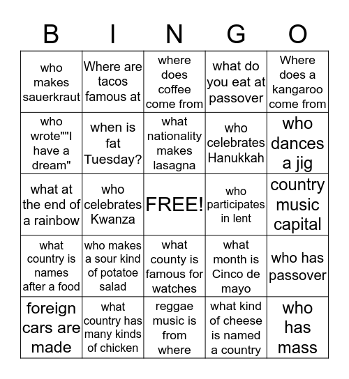 cultural diverisity Bingo Card