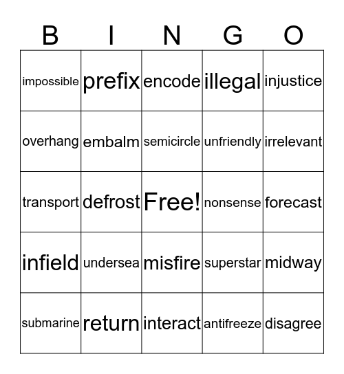PREFIXES Bingo Card