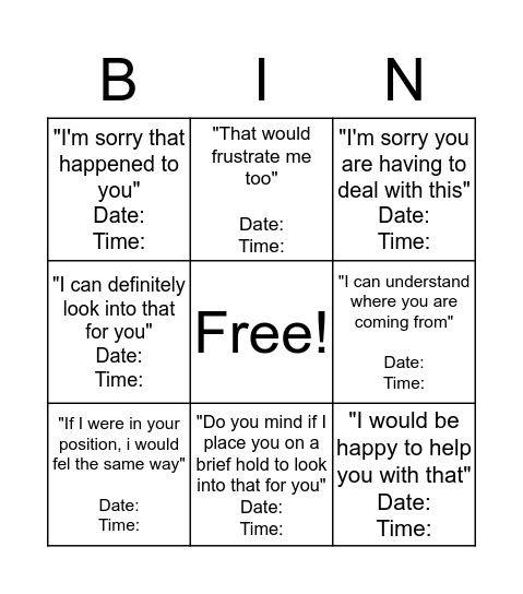 Empathy/Transitional Phrases BINGO  Bingo Card