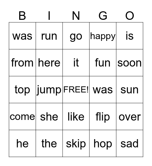 Sight word Bingo Card