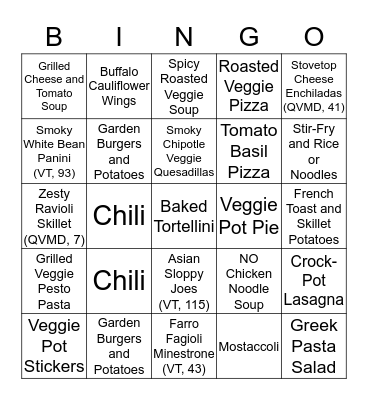 Dinner Bingo Card