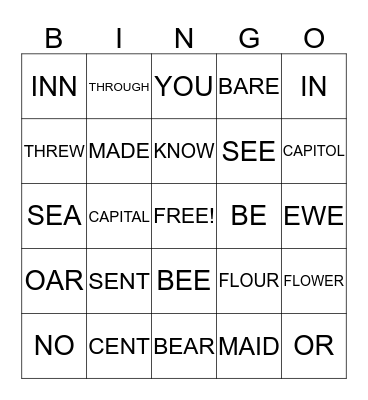 HOMOPHONE BINGO 2 Bingo Card