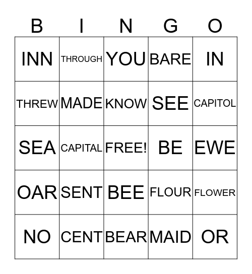 HOMOPHONE BINGO 2 Bingo Card