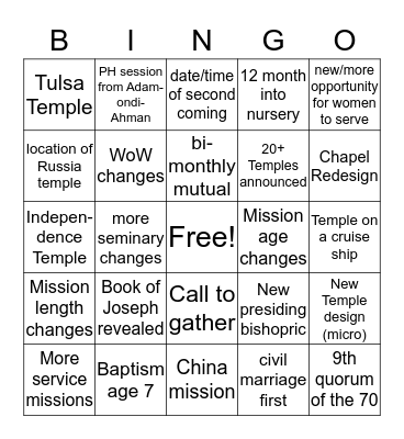 General Conference Rumor Bingo Card