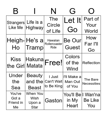 Disney Bops  Bingo Card