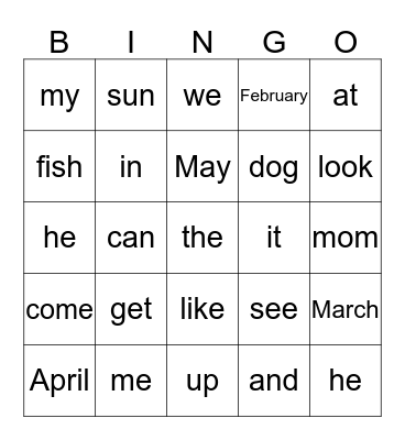 Sight Word BINGO!!! Bingo Card