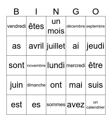 CAT 1 Unité 5 B Bingo Card