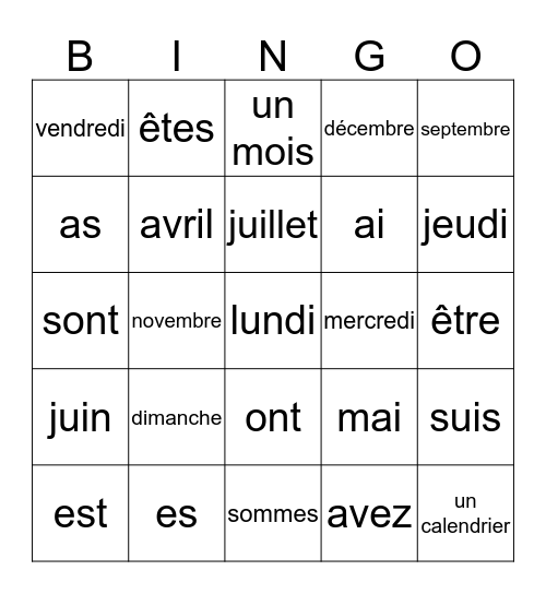 CAT 1 Unité 5 B Bingo Card