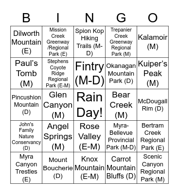 Hiking Bingo Card