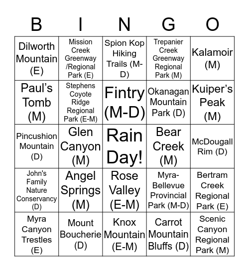 Hiking Bingo Card