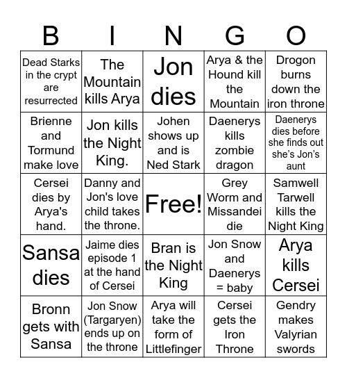 Game of Thrones Bingo! (Jessica K.) Bingo Card